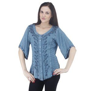 BLUE RENAISSANCE EMBROIDERED HALF SLEEVE BLOUSE